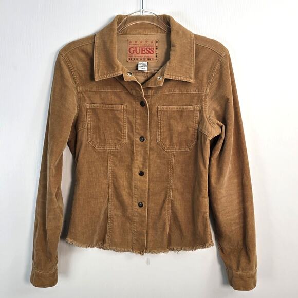 Vintage Y2K GUESS Corduroy Shirt Jacket Raw Hem Camel Snap Front Large - Picture 1 of 10